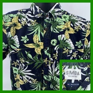 SIMBA Wild and Free Men's Short Sleeve‎ Button Up Tropical Leaf Print Shirt